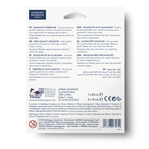 Lefranc Bourgeois High Quality Gouache Set - 4x10ml/1x20ml & Brush