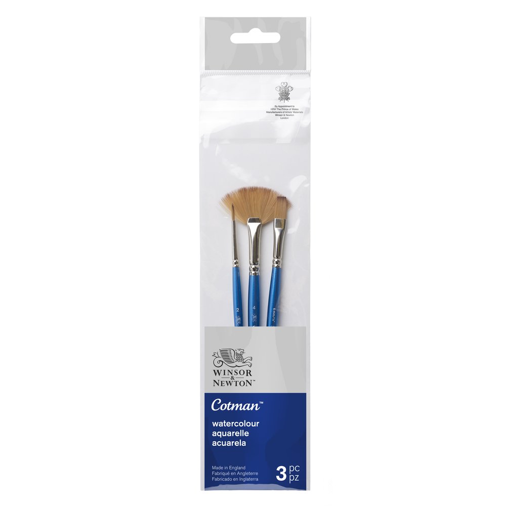 Winsor & Newton Cotman Pincel Mango Corto Pack x3 (R: 2, Un Trrazo 6mm; Abanico 4)