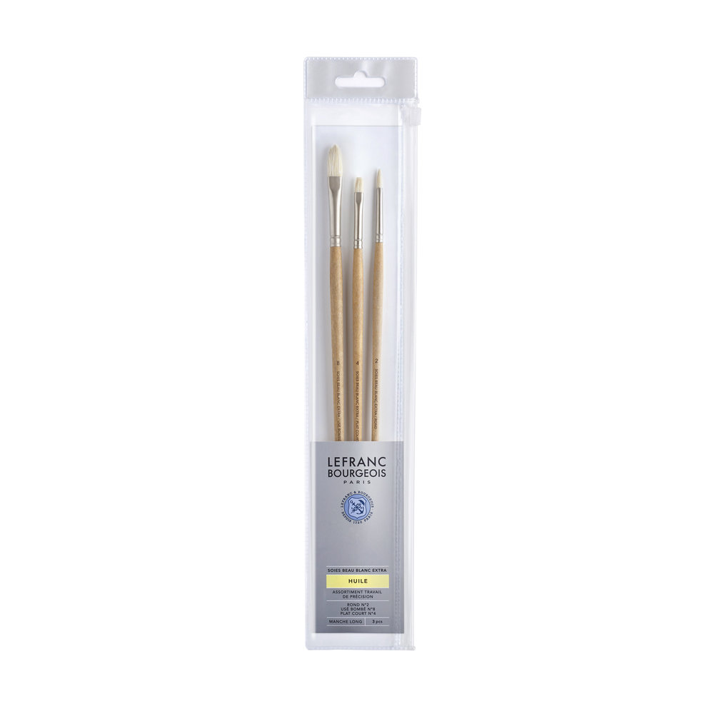 Lefranc Bourgeois Pinceles Pelo De Cerda Blanca Extra Set De 3 Pinceles Para Detalles Finos (Redondo Nº2, Lengua De Gato Nº8, Plano Corto Nº4)