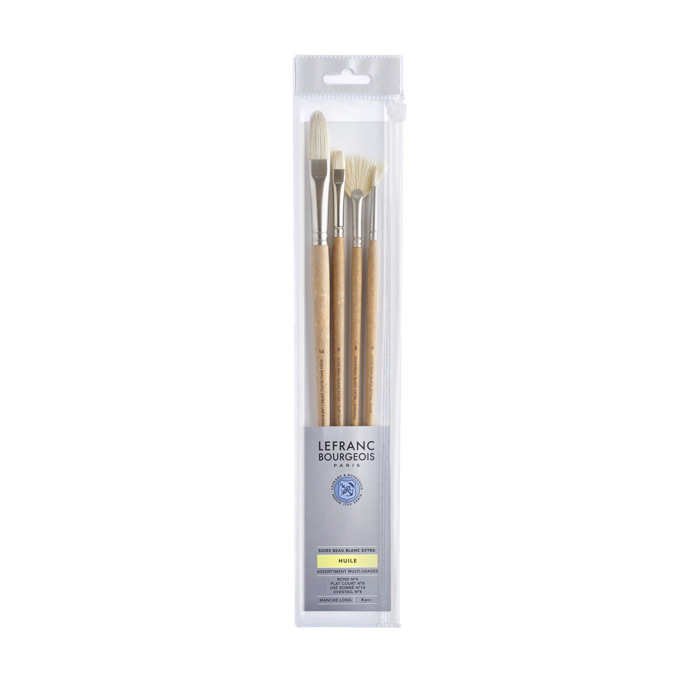 Lefranc Bourgeois Pinceles Pelo De Cerda Blanca Extra Set Multiusos De 4 Pinceles  (Redondo Nº4, Lengua De Gato Nº14, Plano Corto Nº8, Abanico Nº8)