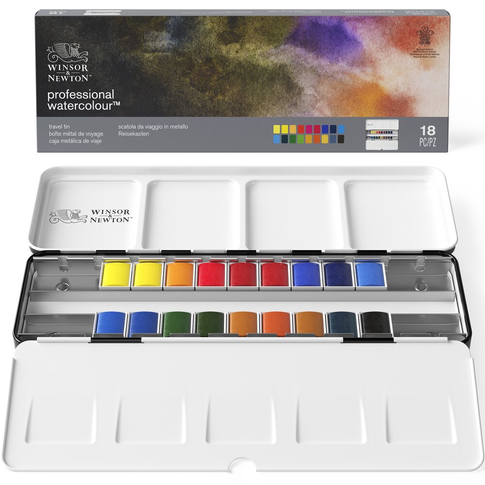 Winsor & Newton Acuarela Profesional Caja Metálica de Viaje x18 semi godet