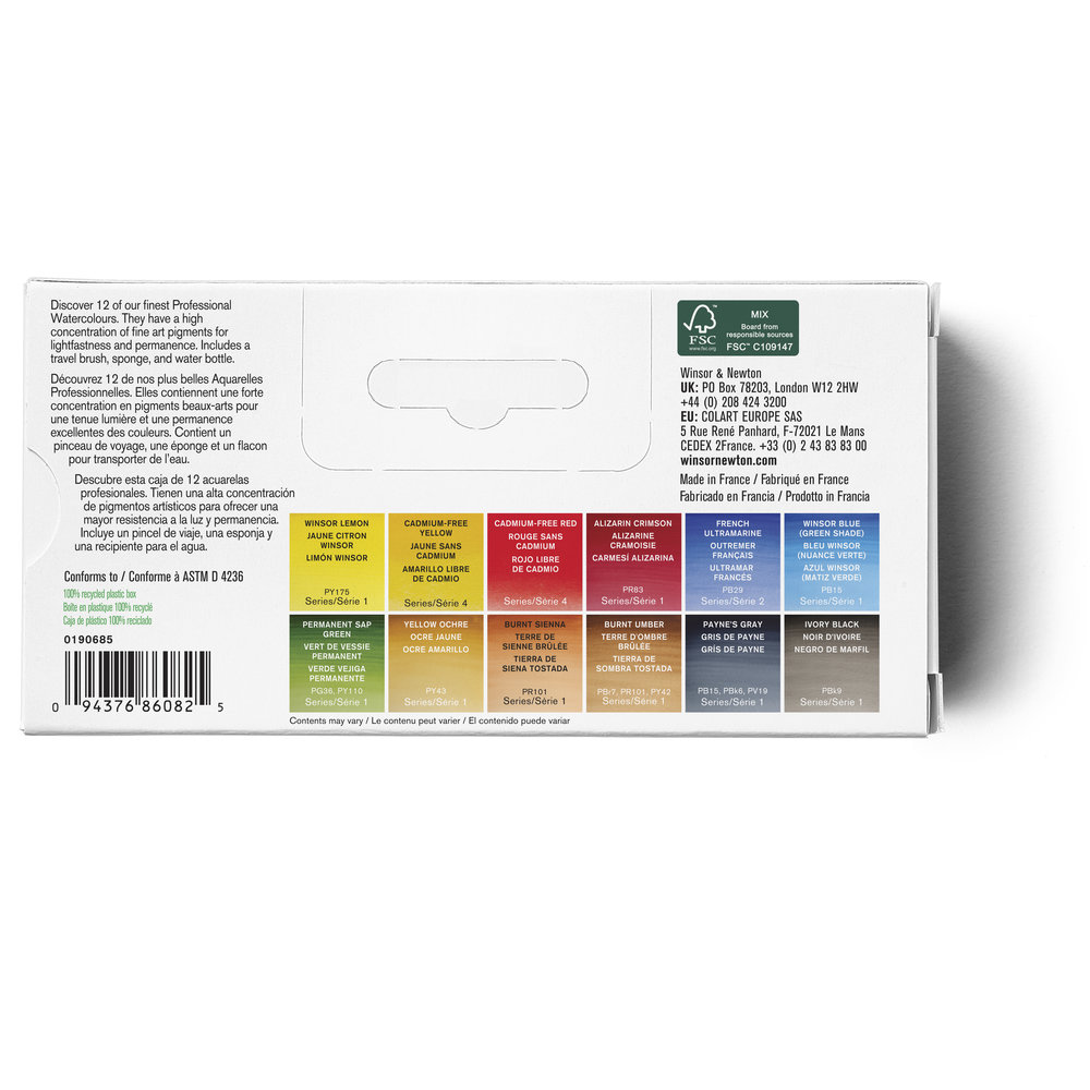 Winsor & Newton Acuarela Profesional Caja de Campo 12x1/2 Godets