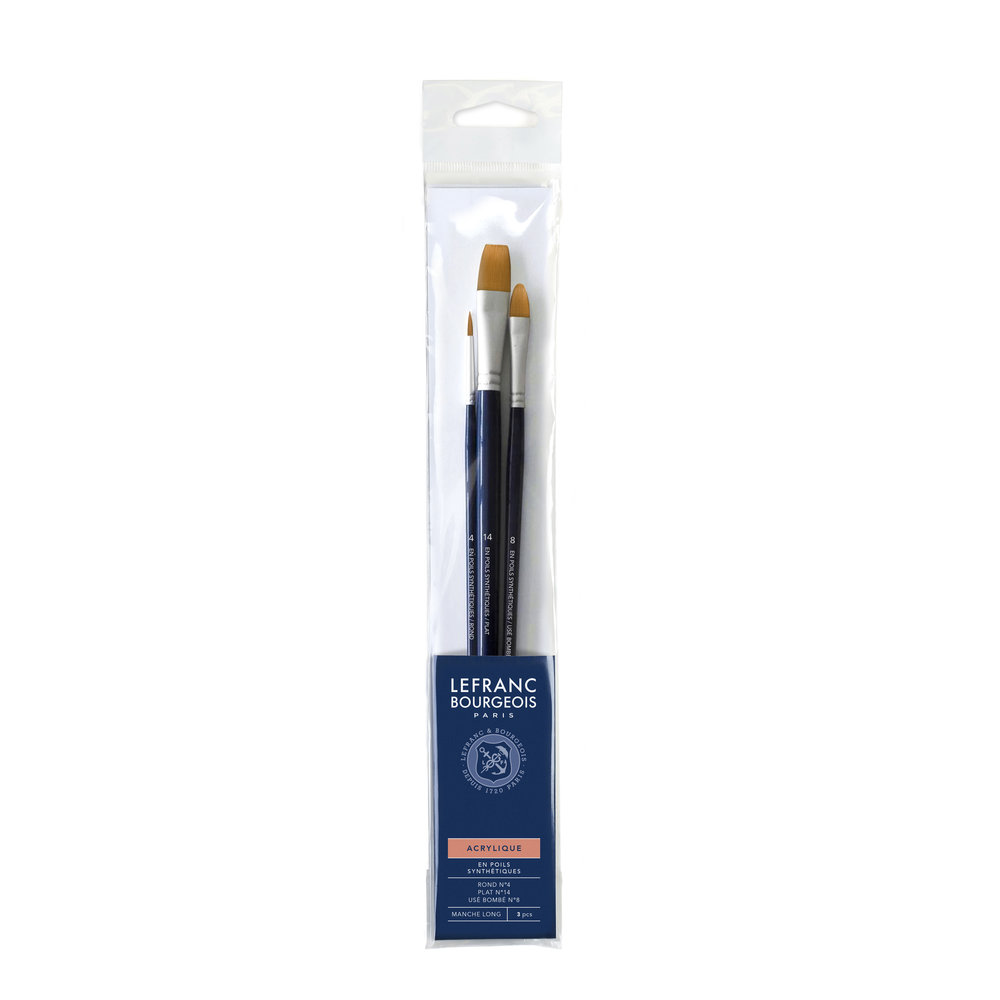 Lefranc Bourgeois Assortiment de Pinceaux Snthétiques pour Acrylique à Manche Long (Rond N°4/Plat N°14/Bombé N°8)