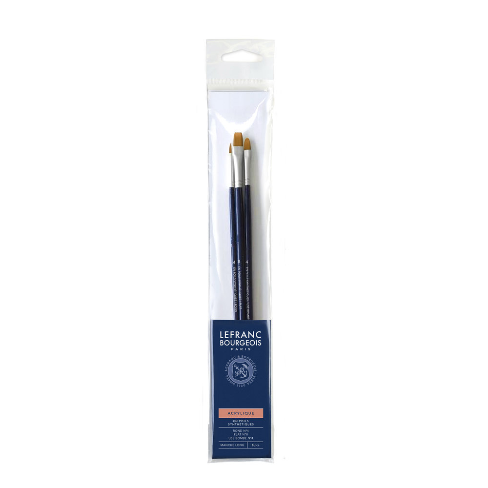 Lefranc Bourgeois Assortiment de Pinceaux Synthétiques pour Acrylique à Manche Long (Rond N°4/Plat N°8/Bombé N°4)