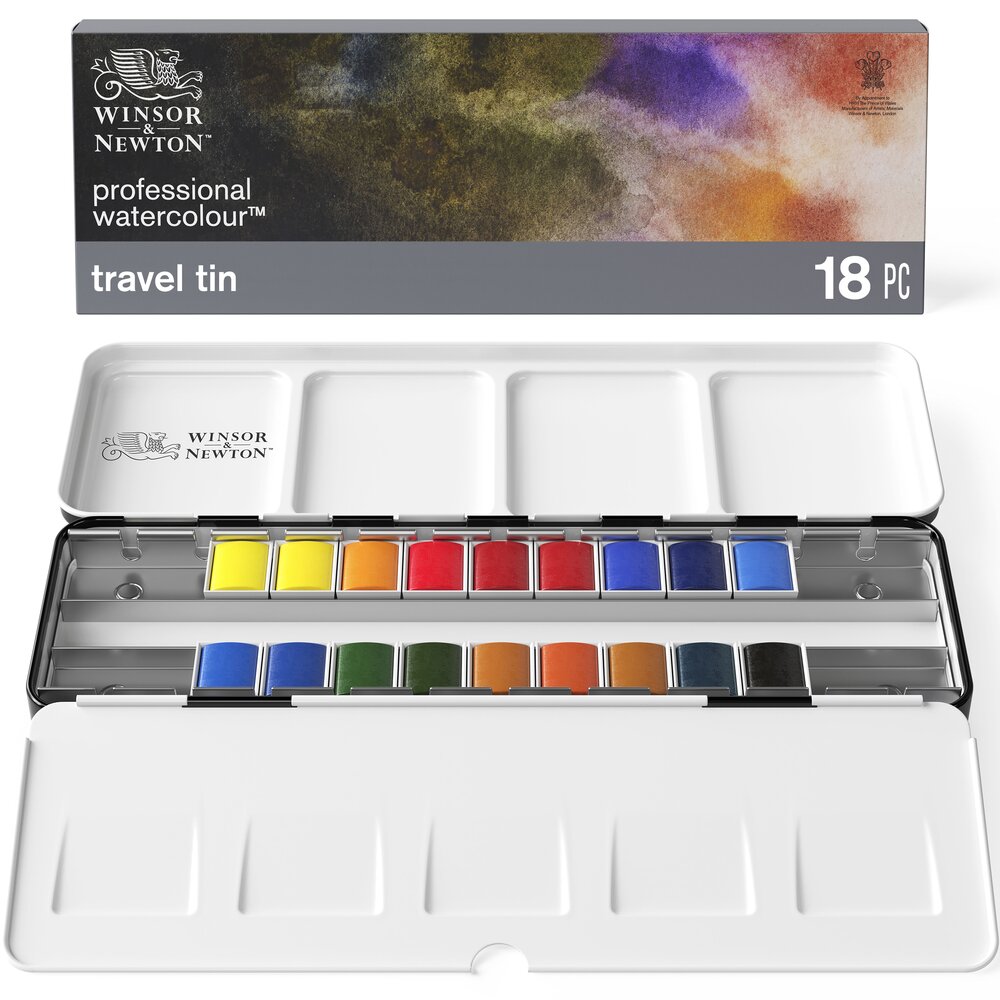 Winsor & Newton Aquarelle Professionnelle Boîte Métal De Voyage 18 Demi-Godets