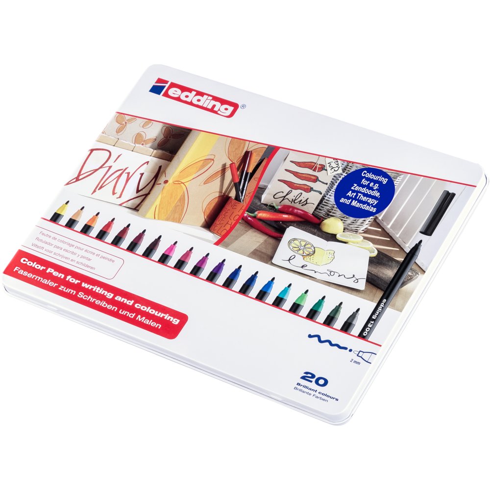 edding 1300 Feutre de coloriage moyen boîte métallique de 20 assorti