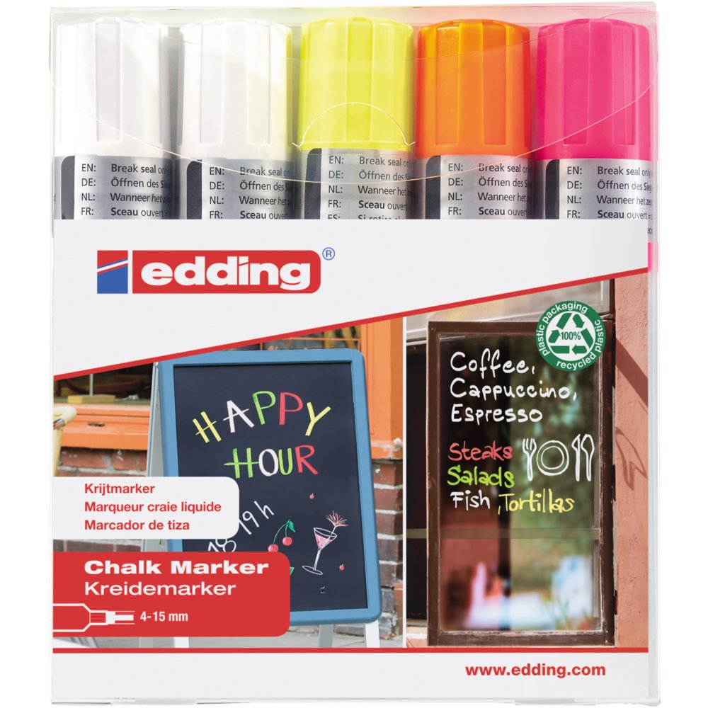 edding 4090 - Pochette 5 pièces (blanc, jaune fluorescent, orange fluorescent, rose fluorescent)