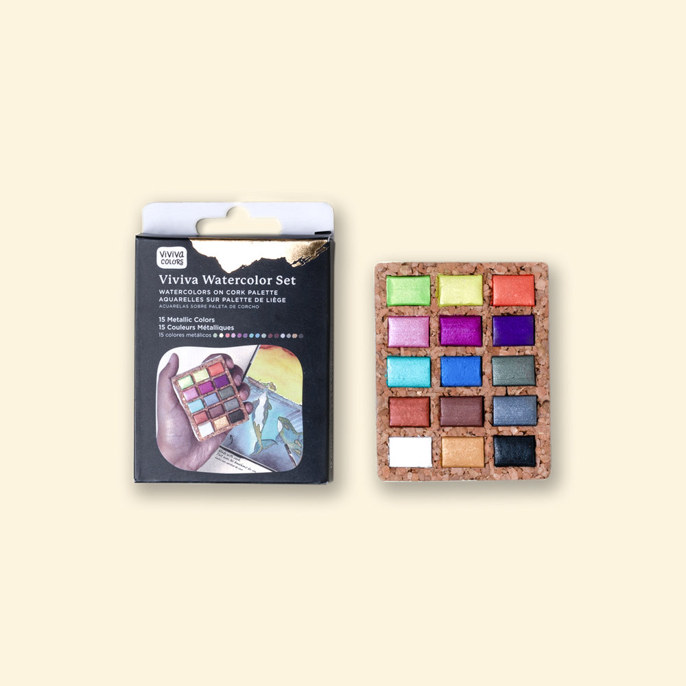 Viviva Watercolour Pan Set - 15 Metallic Colours