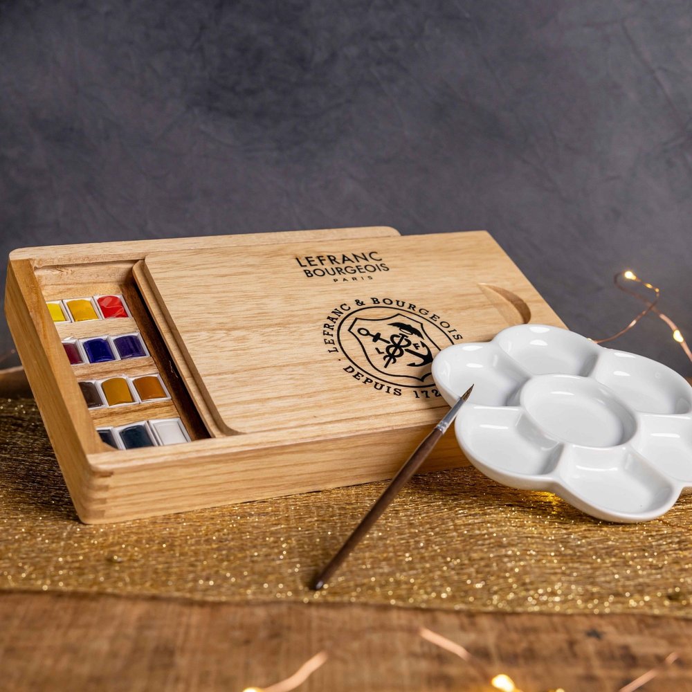 Lefranc Bourgeois Coffret en bois d’Aquarelle Fine de 12 Demi Godets et Accessoires