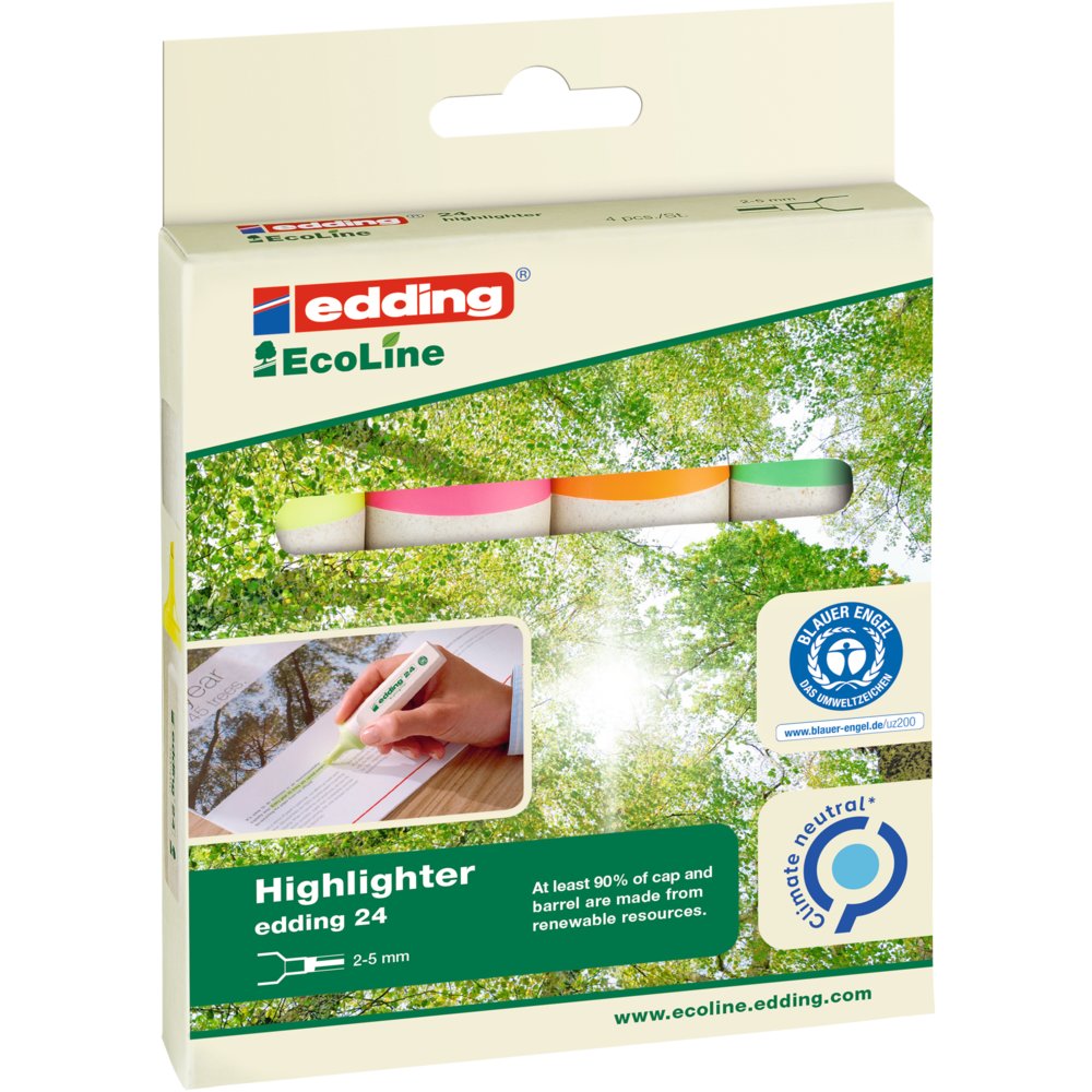 Edding 24 - Boite 4 couleurs fluo - Jaune, Orange, Rose, Vert Clair