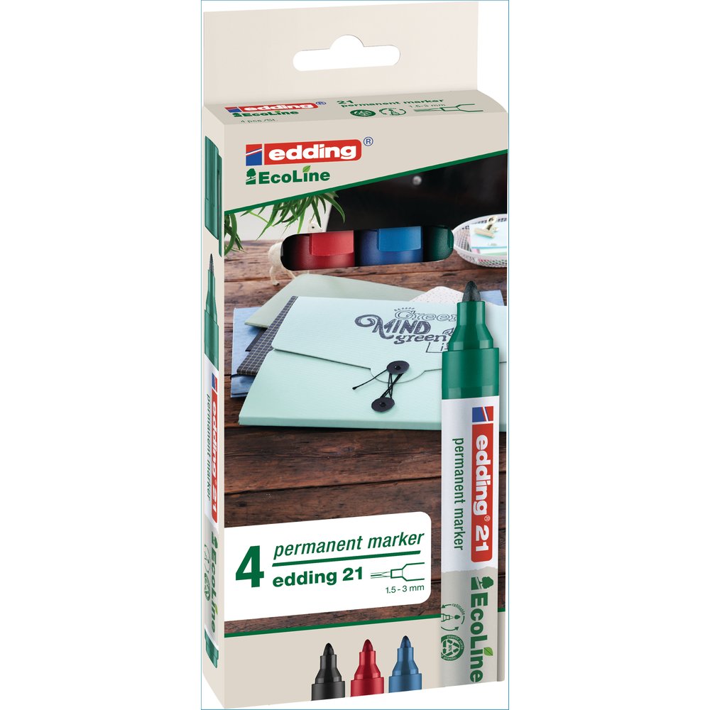 Edding 21 - Boite 4 Couleurs - Noir, Rouge, Bleu Et Vert