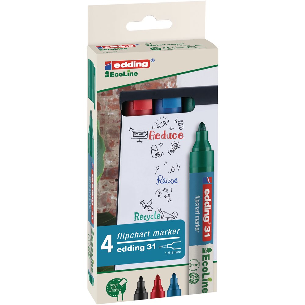 Edding 31 - Boite 4 Couleurs - Noir, Rouge, Bleu Et Vert