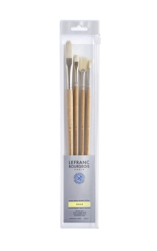 Lefranc Bourgeois Assortiment de Pinceaux en Soies de Porc(Rond N°4/Bombé N°14/Plat Court N°8/Eventail N°8)