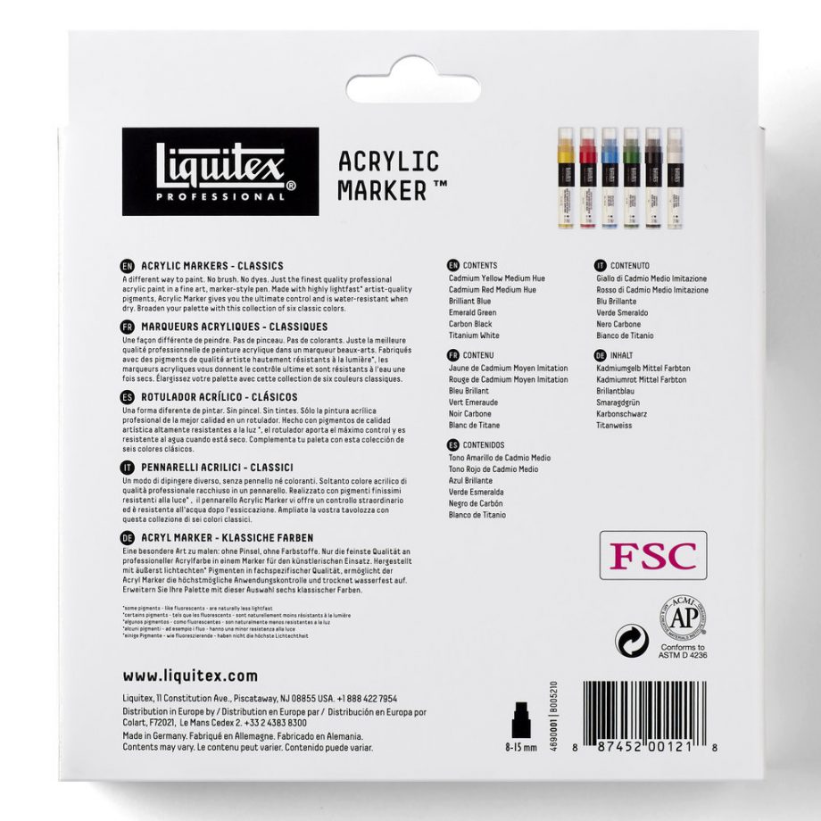 Liquitex Marker Acrilico Punta 15mm Set x 6 Colori Classici
