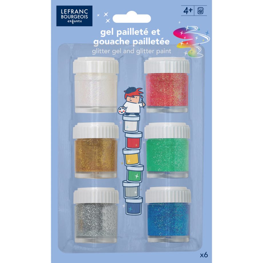 Lefranc Bourgeois Kinder Glitterfarbe + Glittergel Set 6 x 22ml Töpfe