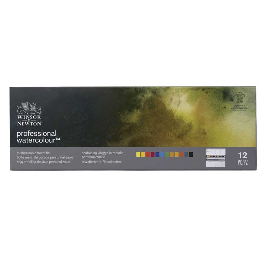 Winsor & Newton  Professional Water Colour Customizable Travel Tin - 12 Mezzi Godet (Ex Black Box)