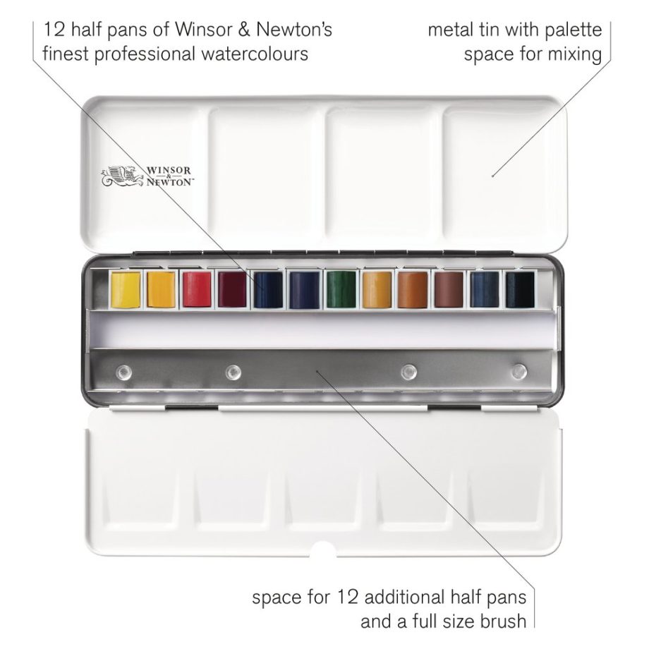 Winsor & Newton  Professional Water Colour Customizable Travel Tin - 12 Mezzi Godet (Ex Black Box)