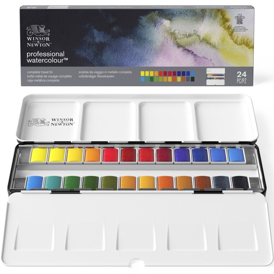 Winsor & Newton Professional Water Colour Complete Travel Tin - 24 Mezzi Godet