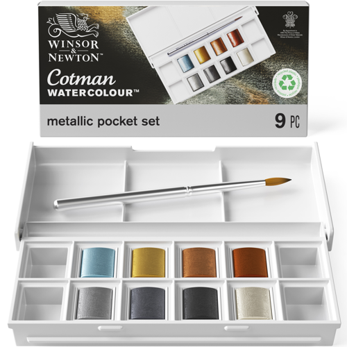 Winsor & Newton Acquarello Cotman Set 8 Mezzi Godet Colori Metallici