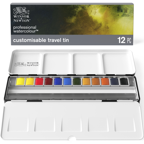 Winsor & Newton Professional Water Colour Customizable Travel Tin - 12 Mezzi Godet (Ex Black Box)