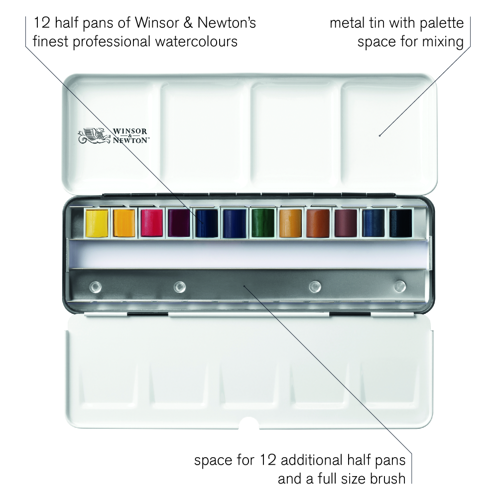 Winsor & Newton Professional Water Colour Customizable Travel Tin - 12 Mezzi Godet (Ex Black Box)