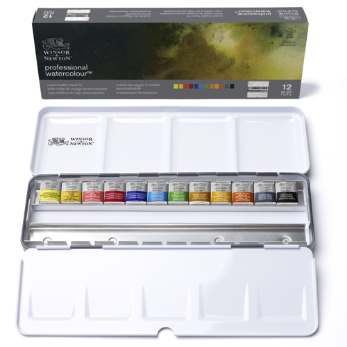 Winsor & Newton Professional Water Colour Customizable Travel Tin - 12 Mezzi Godet (Ex Black Box)