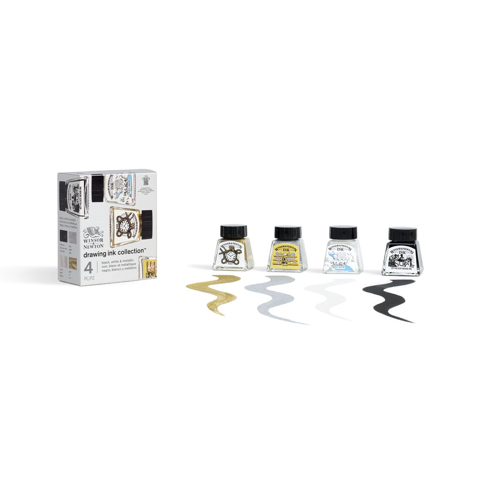 Winsor & Newton Drawing Ink Collection - Set of 4 (Black, White, Metallic)