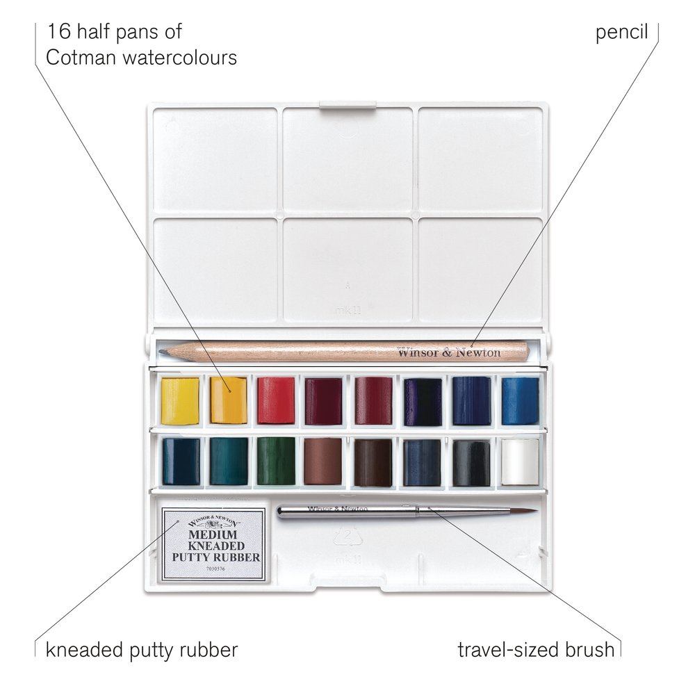 Winsor & Newton Aquarelle Cotman Water Colour Sketcher Deluxe Set 16 Halve Napjes - Potlood En Kneedgom