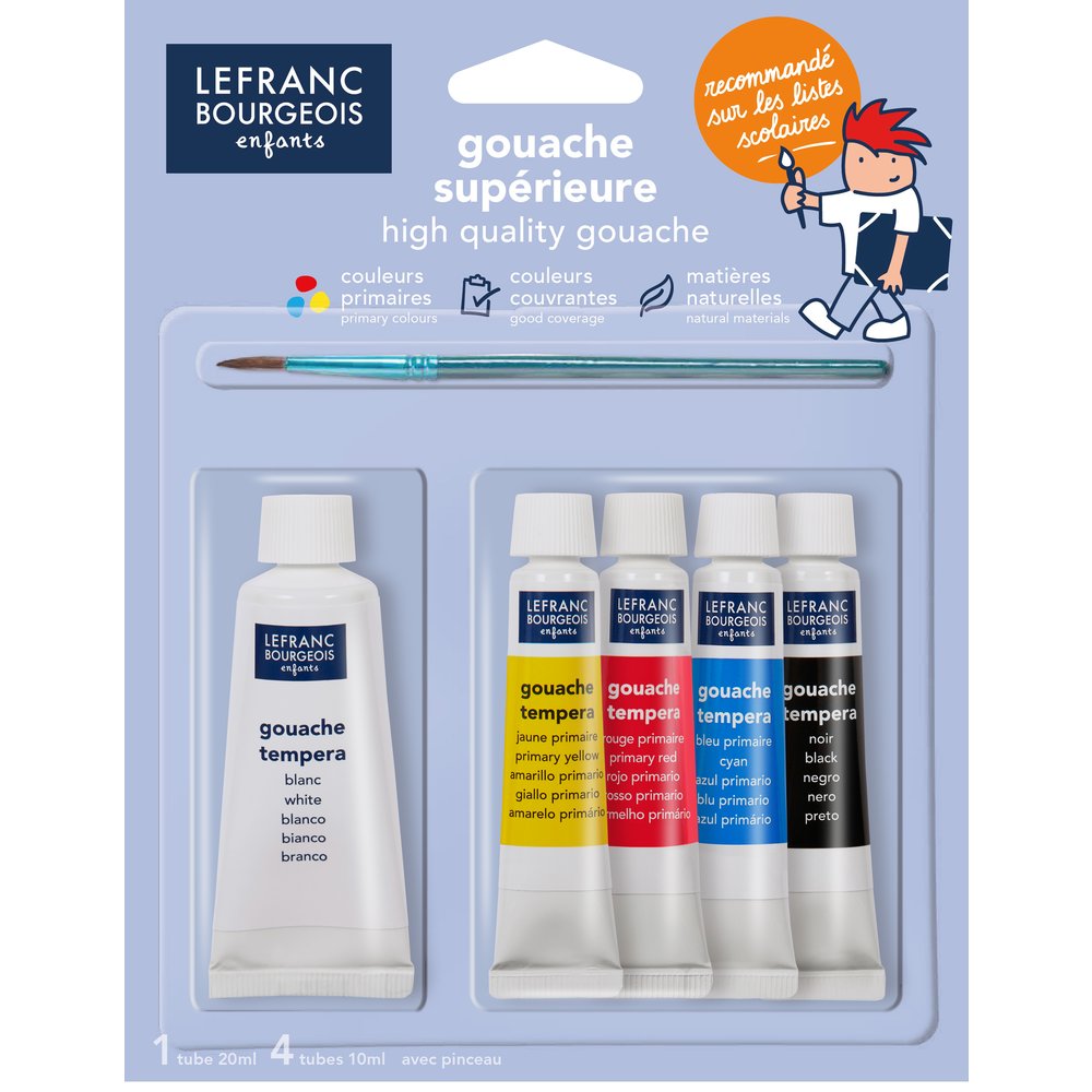Lefranc Bourgeois Gouache Education Set Kartondoosje 4 Tubes 10ml + Wit 20ml + Penseel