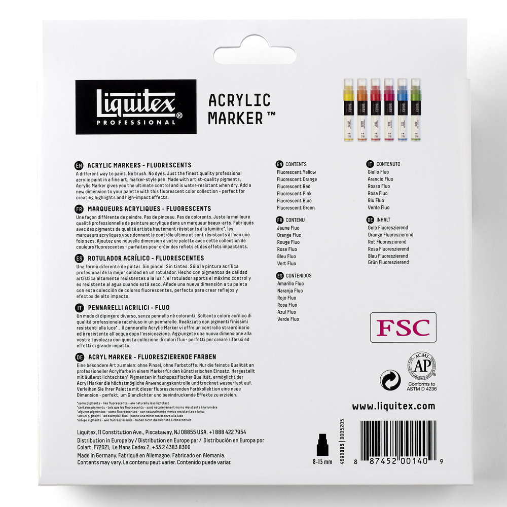 Liquitex Professional Acrylic Paint Marker Fluorescent Wide Set - 6 Markers 15mm