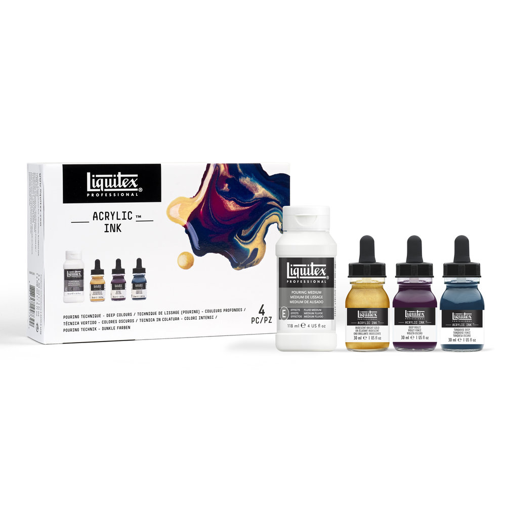 Liquitex Professional Acrylic Ink Pouring Medium Met Donkere Kleuren Set 3x30ml & Pouring Medium 118ml