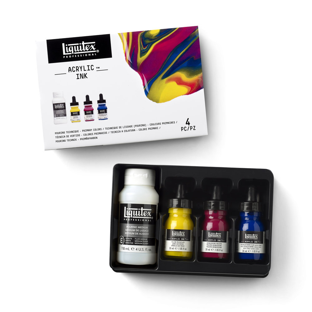 Liquitex Professional Acrylic Ink Pouring Medium Met Primaire Kleuren Set 3x30ml & Pouring Medium 118ml