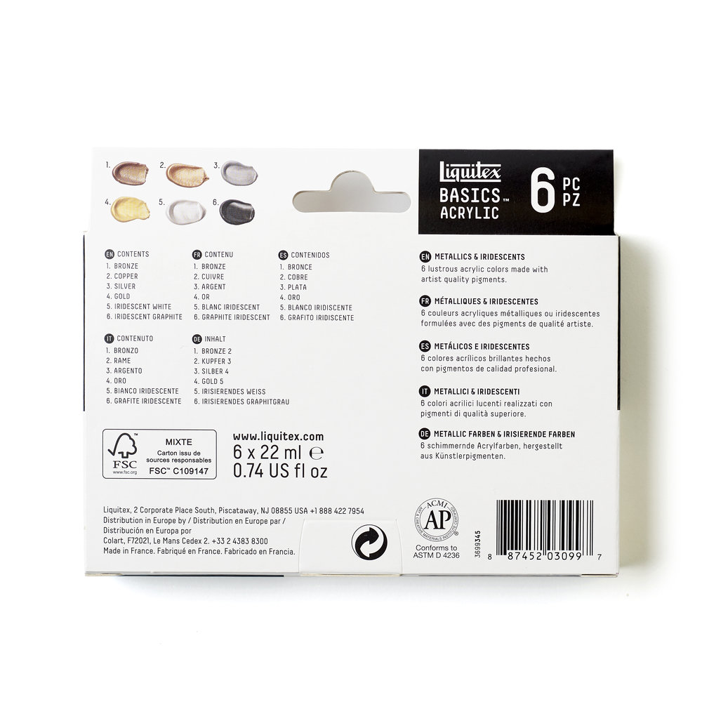 Liquitex Basics Acrylic Colour Set 6x22ml Metallic & Iridescent