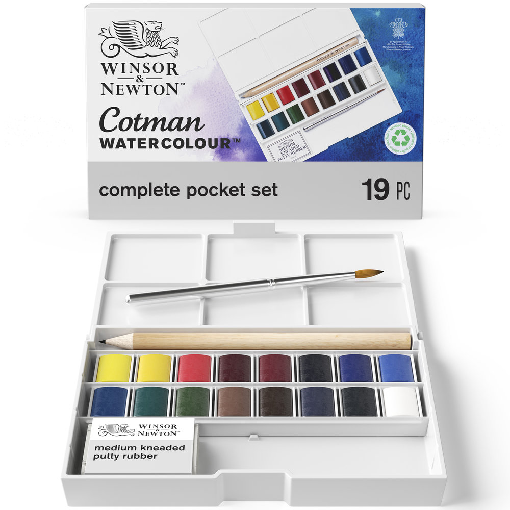 Winsor & Newton Aquarelle Cotman Water Colour Sketcher Deluxe Set 16 Halve Napjes - Potlood En Kneedgom