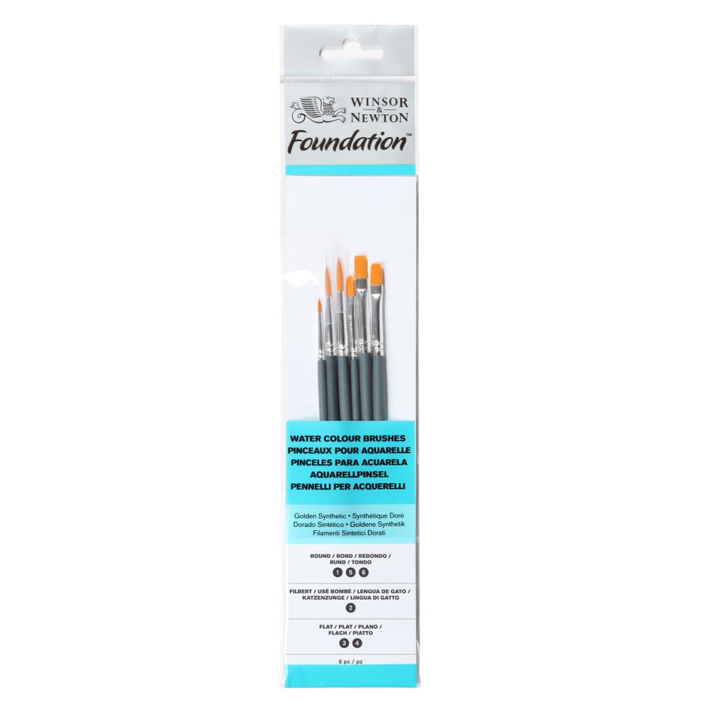 Winsor & Newton Foundation Aquarelpenselenset 6 stuks korte steel No. Rond 1/5/6 Kattentong 2 Plat 3/4